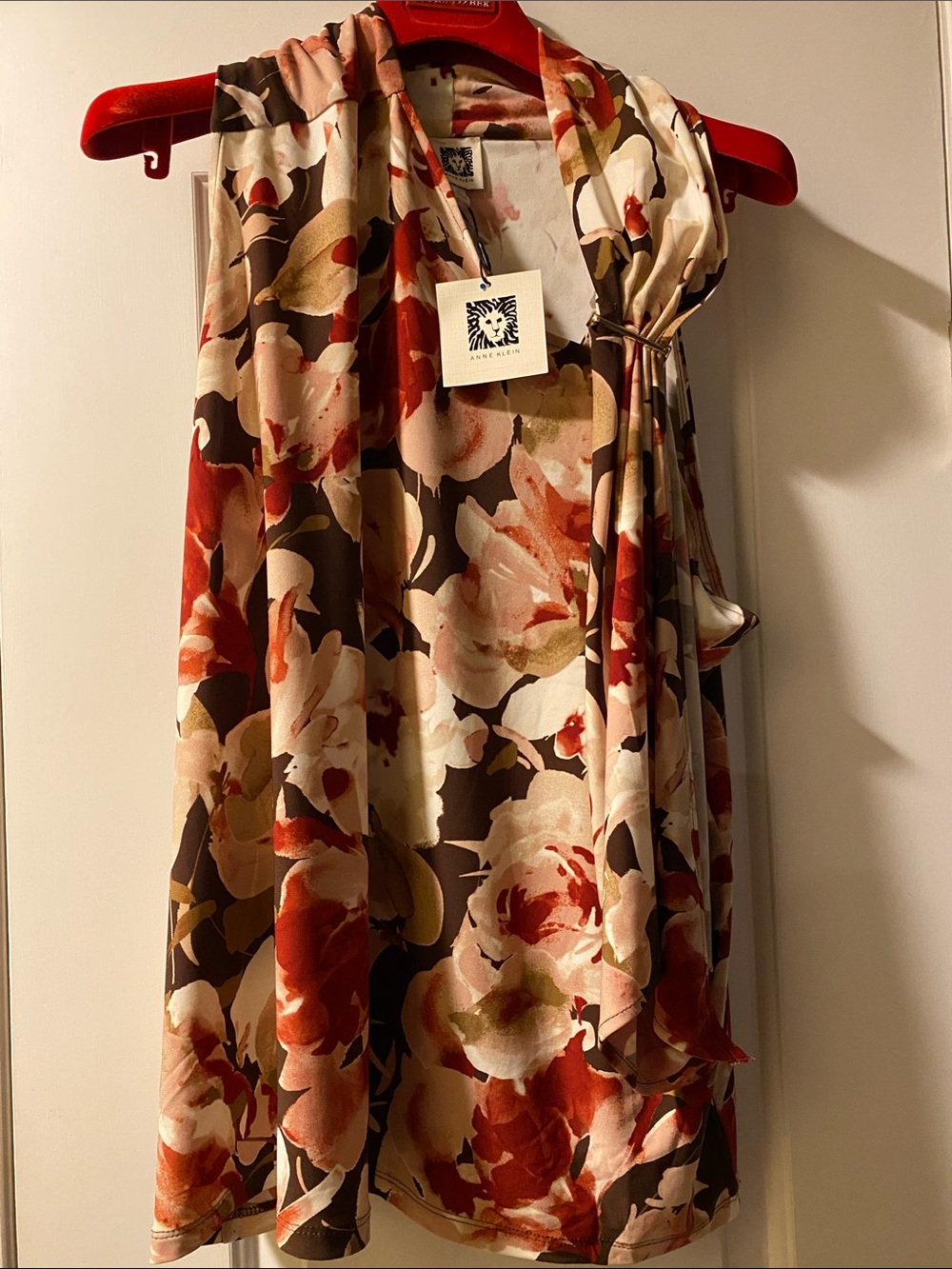 Anne Klein Stretch Gold Accent Tie Front Dark Chocolate Multi Top NWT